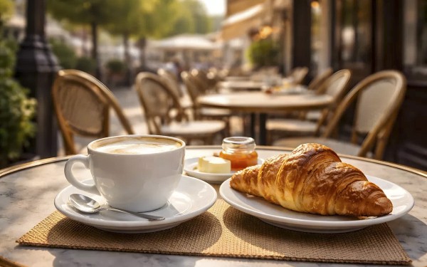 Croissant 18 koffie met croissant op terras tijdens bezoek aan Frans dorpje.jpg
