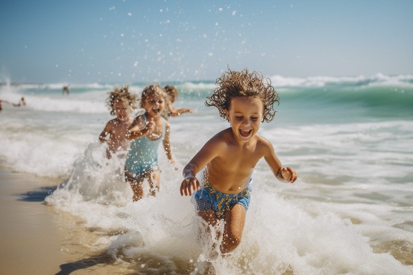 Charentes stranden 8 kinderen rennen in water atlantische kust.jpg