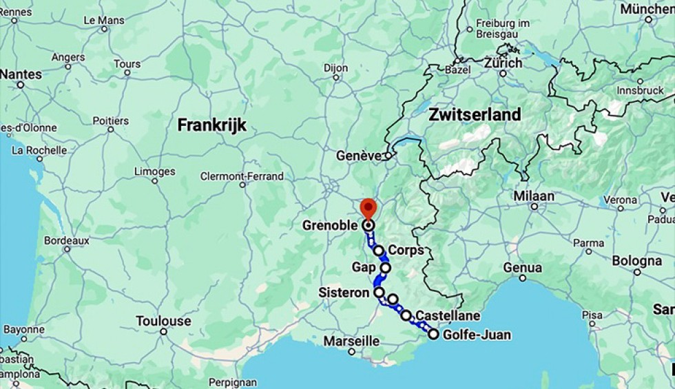 Route Napoleon 3 Frankrijk Elbe Golfe Juan Castellane Laffrey Grenoble Parijs Helena.jpg